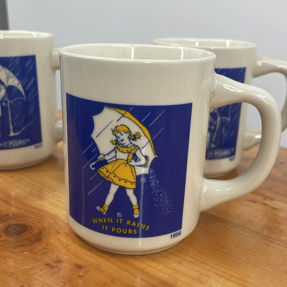 Vintage Morton Salt Girl Mug When It Rains It Pours Collectible Mugs Set of 4